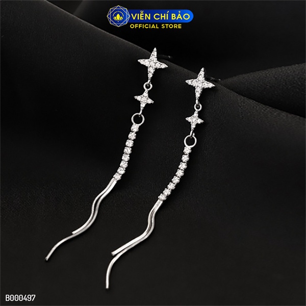 Bông tai bạc nữ sao 4 cánh dài đính đá chất liệu bạc Ý 925 thời trang phụ kiện trang sức Viễn Chí Bảo B000497