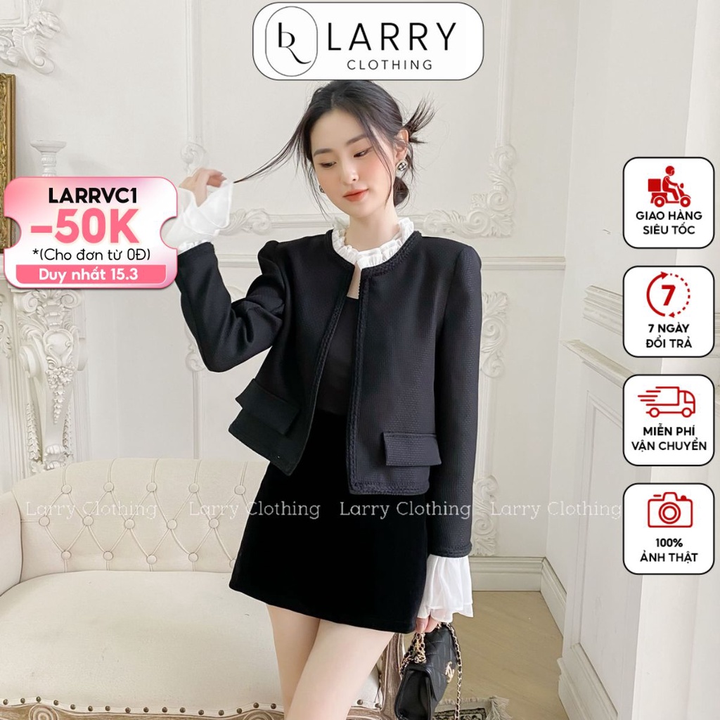 Áo dạ tweed nữ thiết kế màu đen trơn cổ bèo tay dài voan trắng có túi lịch sự thời trang thiết kế Larry Clothing A740