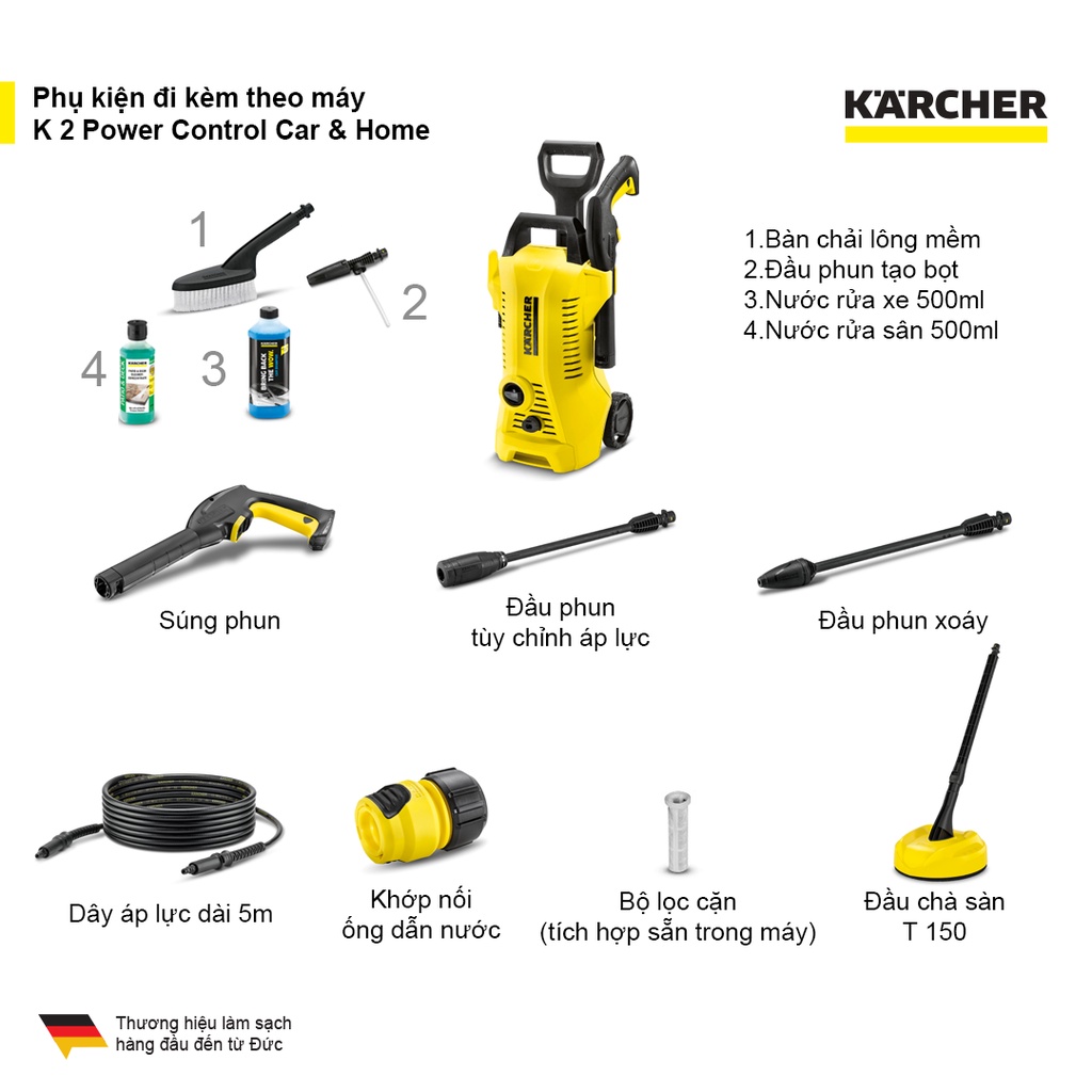 (Sản xuất Đức) Máy xịt rửa xe Karcher K2 power control car and home áp lực 20-110 bar, dây áp lực 5 mét