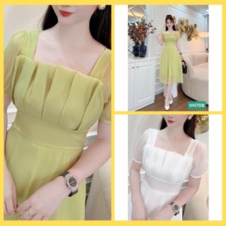 Váy thiết kế cổ vuông chất tơ thiết kế ngực xếp - Chất tơ lụa mềm mại - Siêu xinh đẹp min_shop_1512