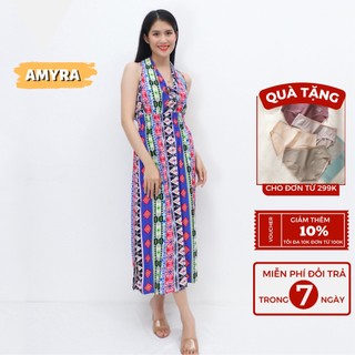 Váy maxi đi biển cho mẹ trung niên vải lanh thái thiết kế xẻ tà AMYRA - Đầm Trung Niên maxi đi biển cao cấp MX042