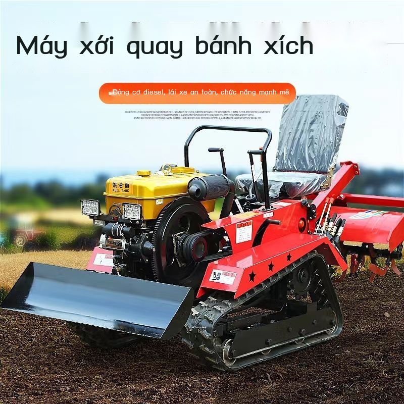 Máy xới quay bánh xích nhỏ đa chức năng bỏ rải phân bón vườn cây ăn trái đi xe kéo đất