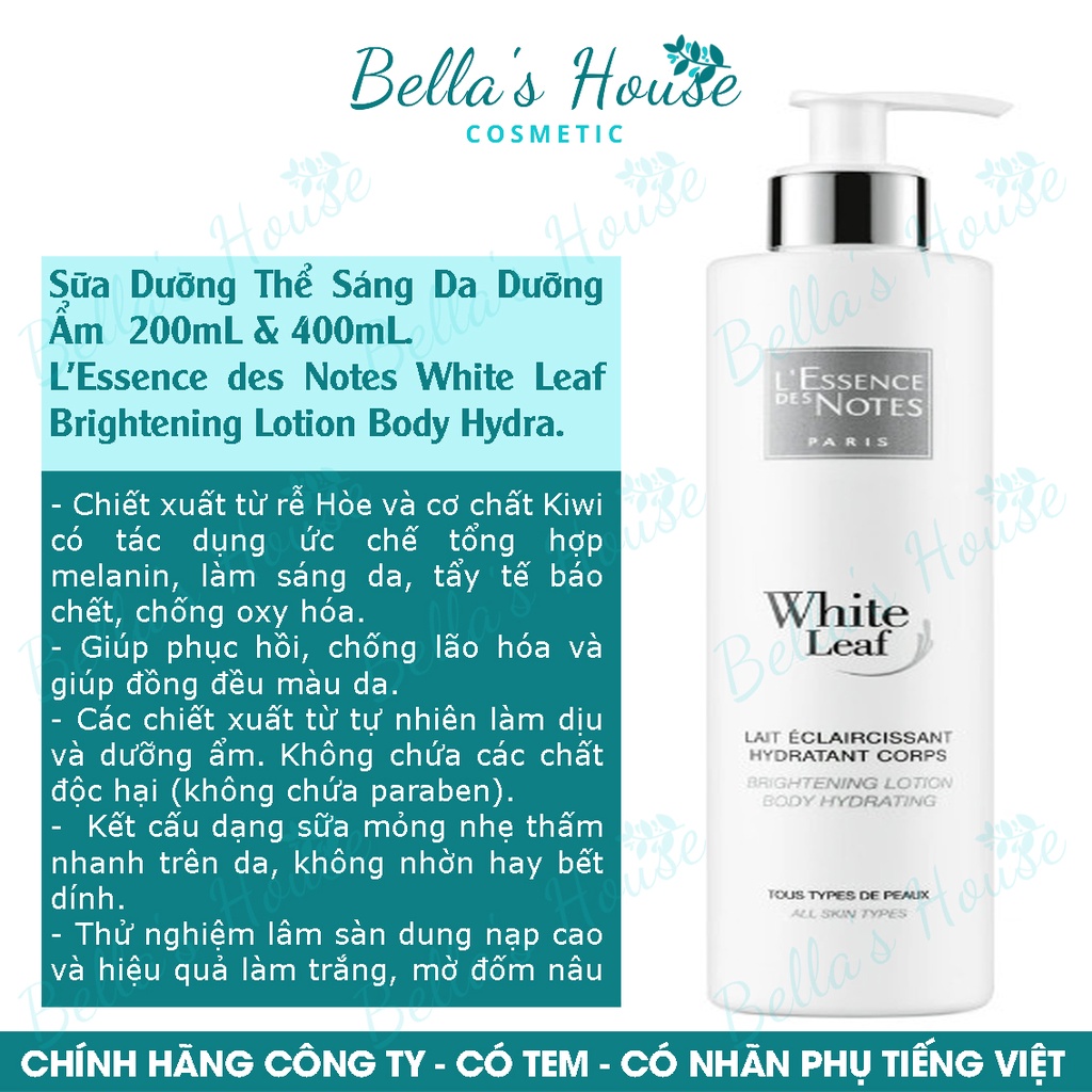 Sữa Dưỡng Thể Sáng Da Dưỡng Ẩm L'Essence des Notes White Leaf Brightening Lotion Body Hydra, 200mL & 400mL