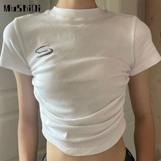 Mushiqi Áo Thun Croptop Tay Ngắn Màu Trắng Thời Trang Cho Nữ