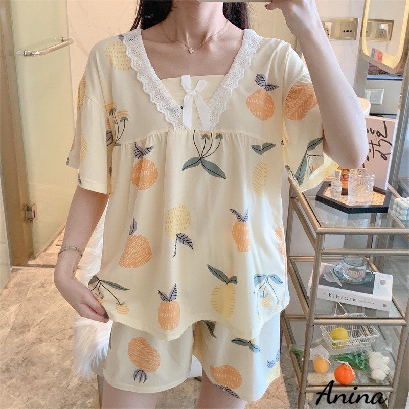 Bộ đồ nữ mặc nhà thiết kế họa tiết dễ thương cổ phối ren điệu đà, chất thun sữa mềm đẹp ( bầu bí bon chen ) BC14