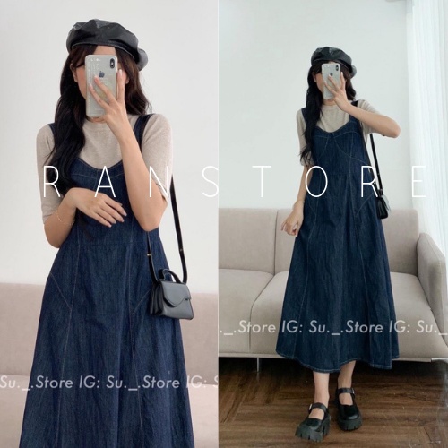 Váy yếm bò hai dây dáng dài basic, đầm hai dây chất vải bò mềm freesize phong cách ulzzang thời trang nữ 2023 ranstore