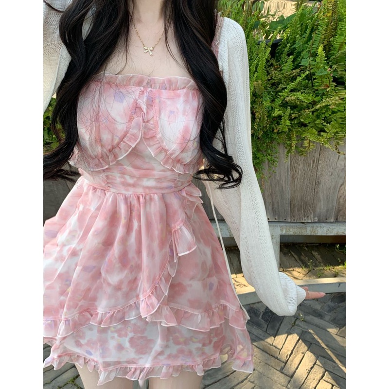 Lalisas set Đầm Dây Không Đều Thiết Kế Ngọt Ngào + Khăn Choàng Trắng Thời Trang Cho Nữ (Đặt Hàng)