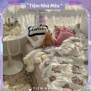 ( ẢNH THẬT)Bộ Vỏ Chăn Ga Gối Cotton 3D Set 4 Món 2 Vỏ gối ,drap , vỏ chăn Gấu Teddy Trắng Bền Bỉ Nhập Khẩu