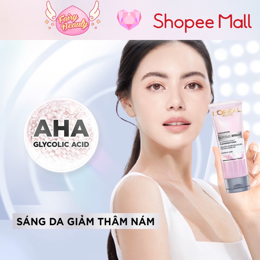 [L'OREAL PARIS] Sữa Rửa Mặt AHA - BHA Làm Sạch Sâu Giúp Sáng Da Và Mờ Thâm Nám Mềm Mịn Glycolic Bright 100ml