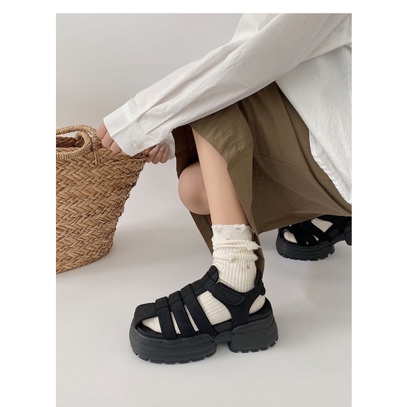 Giày sandal mũi rọ nữ phong cách la mã đế cao 6cm chất liệu vải đế cao su phong cách cá tính ulzzang