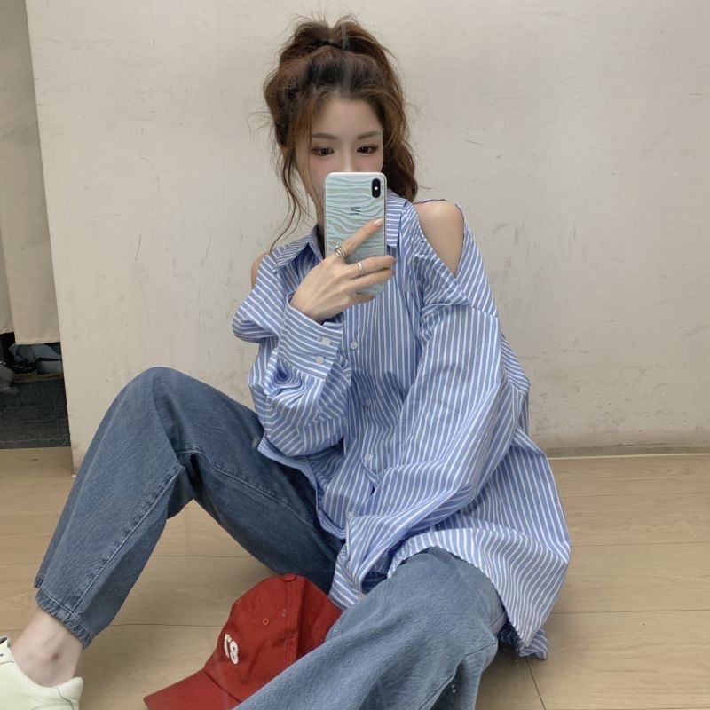 SẴN - ÁO SƠ MI KẺ SỌC KHOÉT VAI TIỂU THƯ HÀN QUỐC