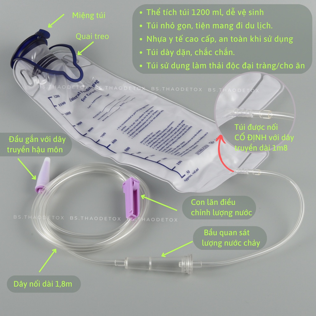 Túi Truyền thải độc đại tràng theo phương pháp SMARTA dung tích 1200ml, kèm dây truyền  an to
