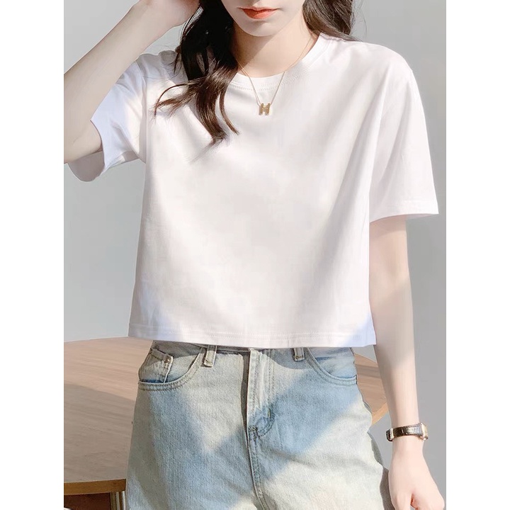 Áo thun croptop trơn dáng rộng, cơ bản tay ngắn cổ tròn 581 FIORI STORE