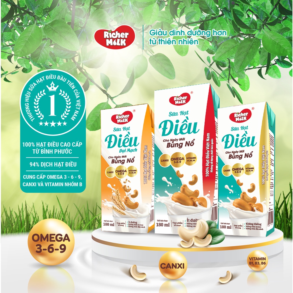 4 Lốc sữa hạt điều Richer Milk 180ml (180ml x 16 hộp)