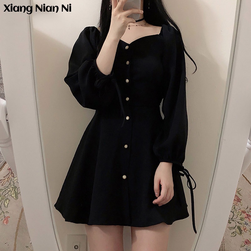 Xiang Nian Ni Đầm Đen Trễ Vai Tay Dài Ôm Eo Kiểu Pháp Cổ Điển Cho Nữ