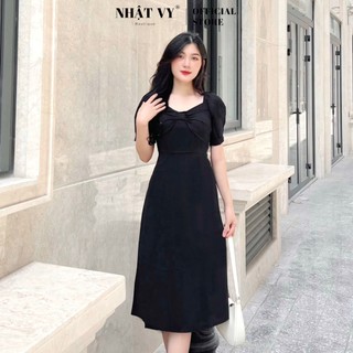 Đầm Công Sở NHẬT VY Trơn Chít Eo Nơ Ngực Màu Xanh, Vàng, Đen - D1788