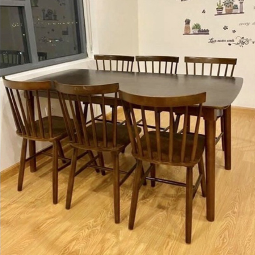 Bộ bàn ăn cơm 4-6 ghế gỗ nâu - bảo hành chính hãng 12 tháng