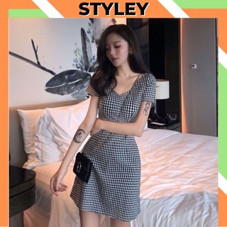 Váy nữ dáng xòe kẻ caro phong cách thời trang hàn quốc, Đầm nữ ngắn body cổ chữ V đẹp và dễ thương STYLEY V004