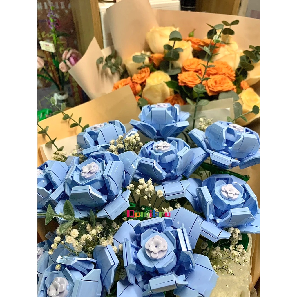 Khối lắp ráp DOMIBRO hình hoa hồng kết hợp bó hoa nhiều màu sắc dùng làm quà tặng lãng mạn cho cô gái DIY