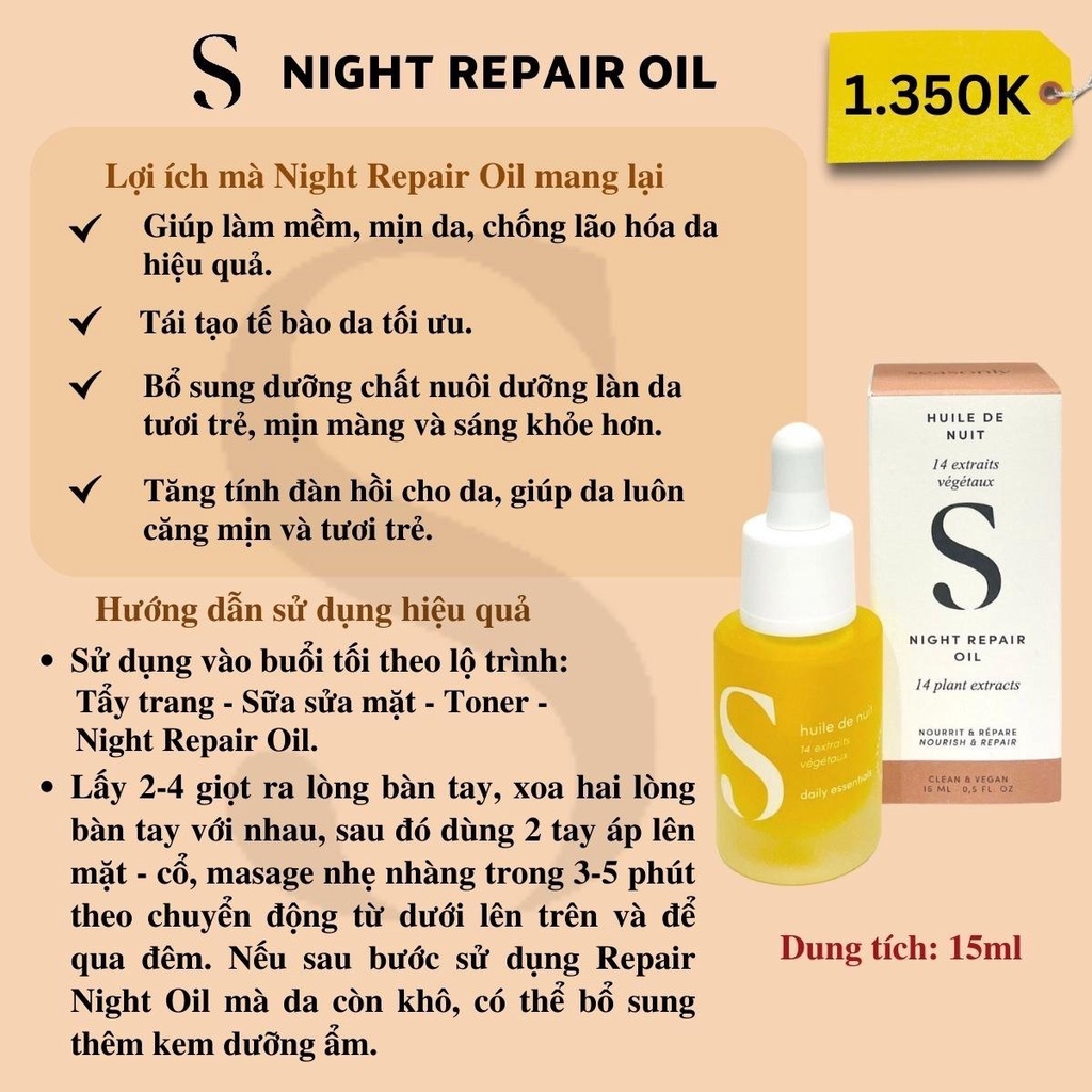 Dầu dưỡng phục hồi da ban đêm Seasonly Night Repair Oil (Huile De Nuit) 15ml