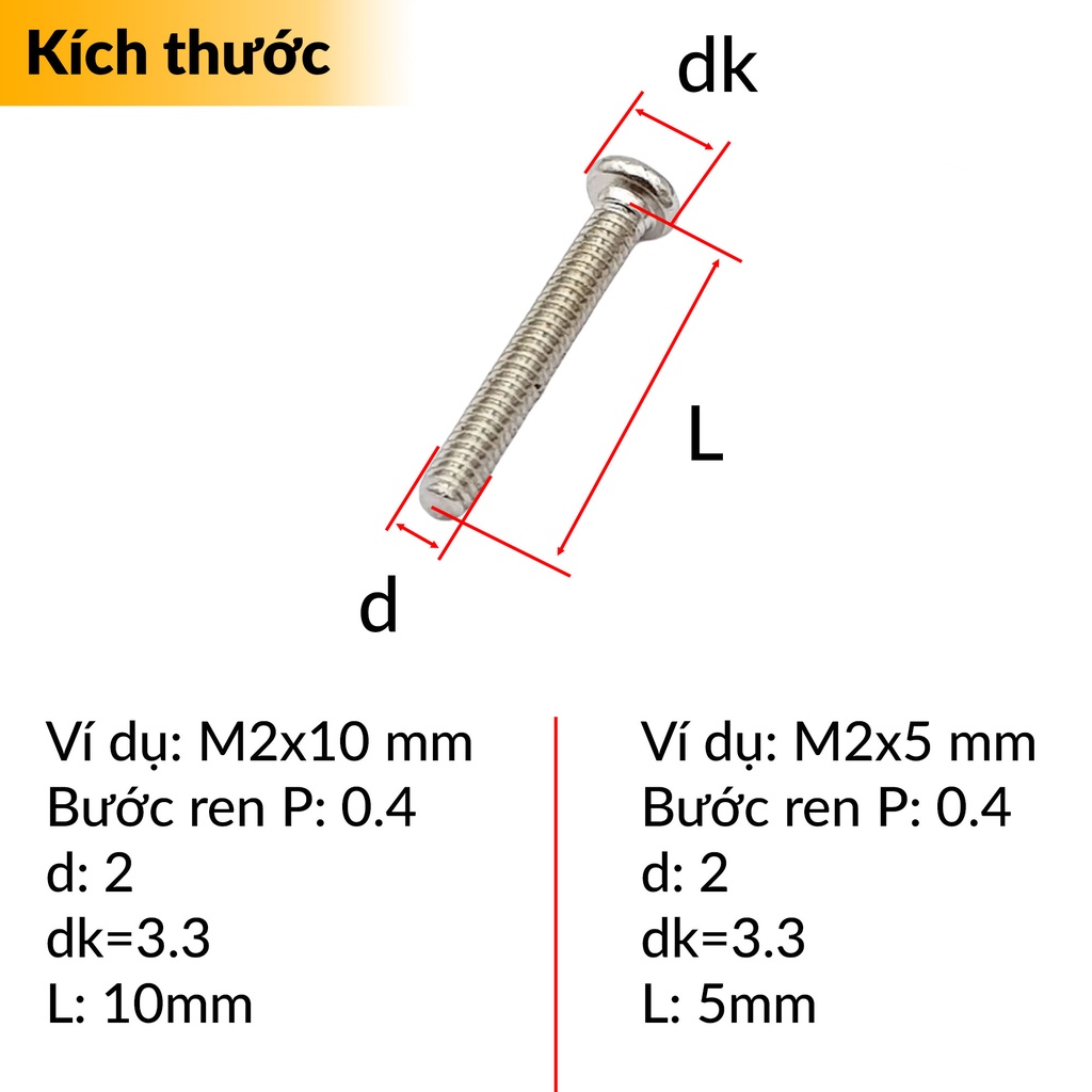 Ốc vít đầu tròn mạ Ni-Ken 50 con M2 nhiều kích thước