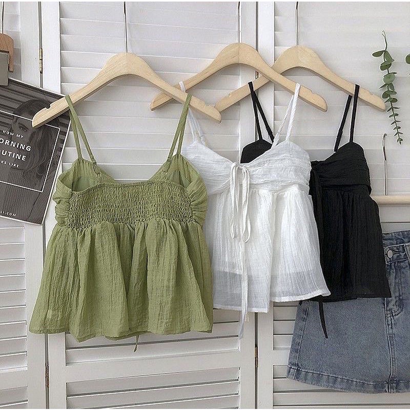 [NNY CLOTHING] Áo croptop hai dây kiểu dáng babydoll bắt trend hot ulzzang | XANH - TRẮNG - KEM | LAPIN - V098