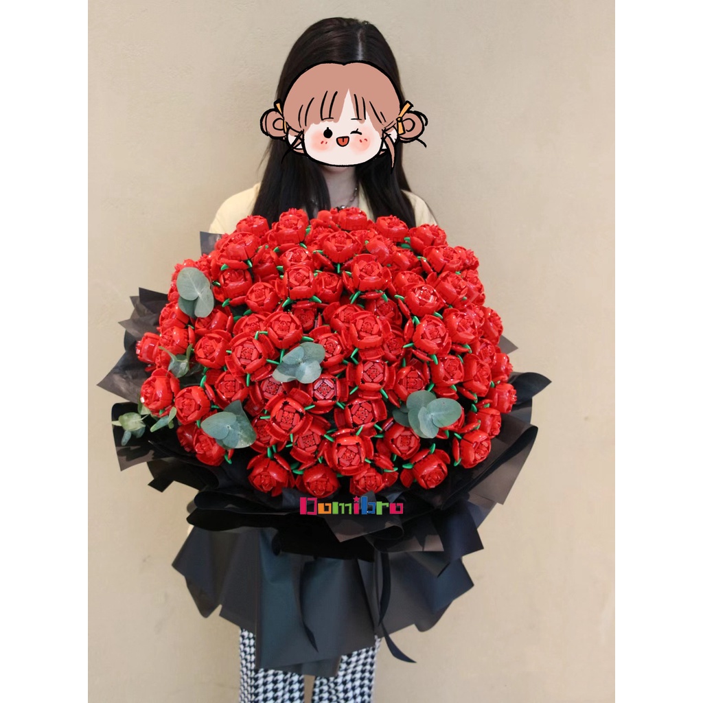 Khối lắp ráp DOMIBRO hình hoa hồng kết hợp bó hoa nhiều màu sắc dùng làm quà tặng lãng mạn cho cô gái DIY