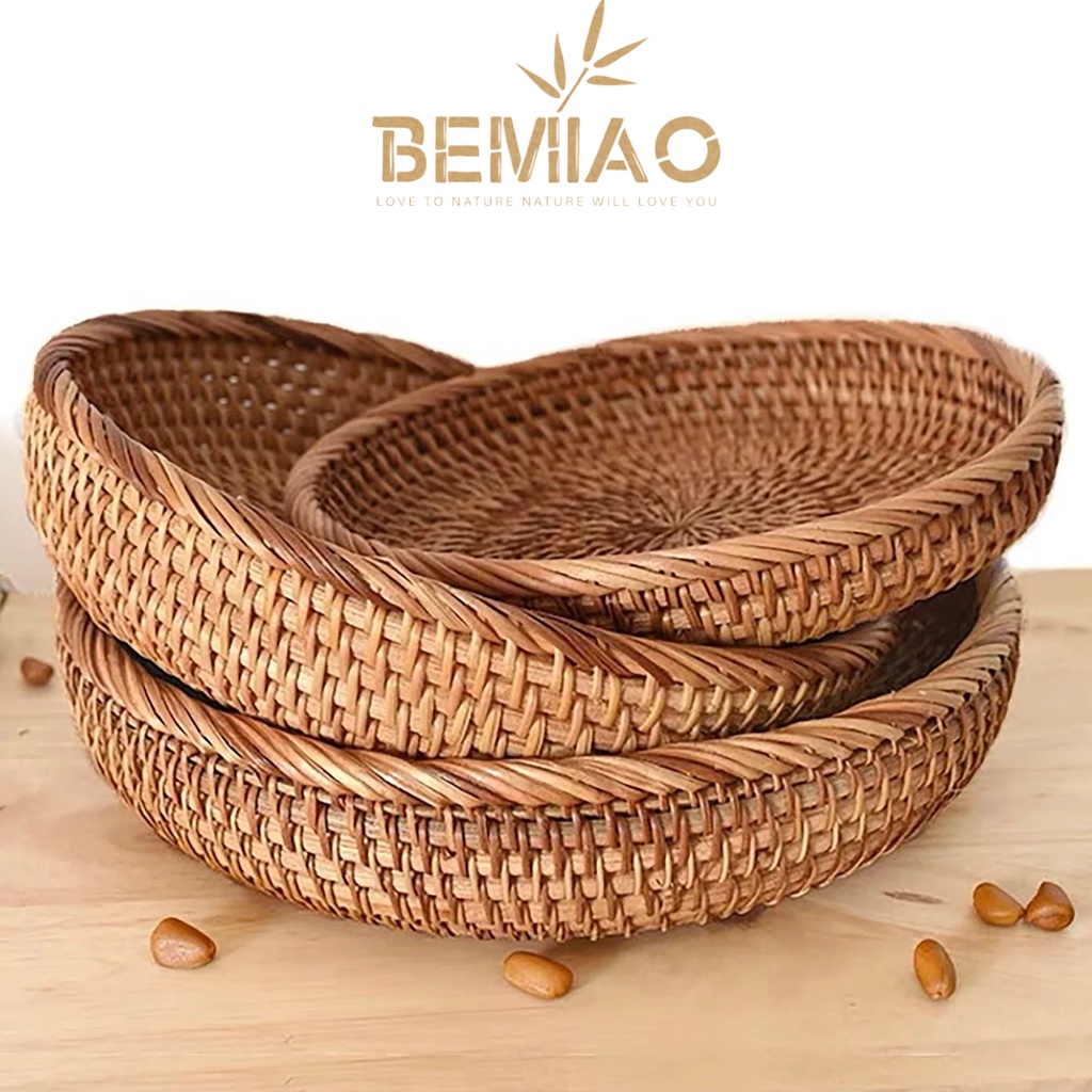 Khay mây, đĩa mây tròn BEMIAO khay đựng đồ ăn khô, đựng đồ đa năng, trang trí home decor không gian sống