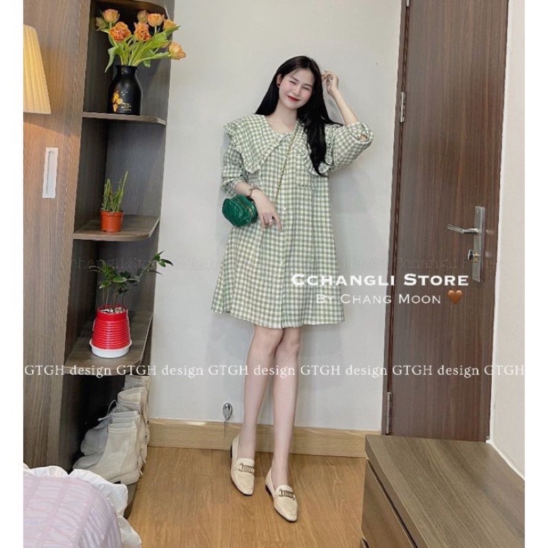 Đầm - váy sơ mi cổ bèo kẻ xanh lá