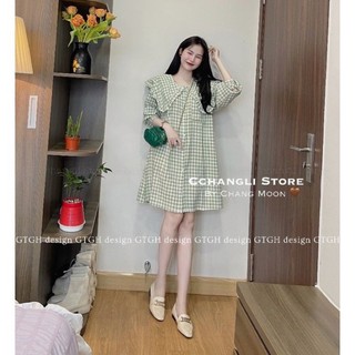 Đầm - váy sơ mi cổ bèo kẻ xanh lá