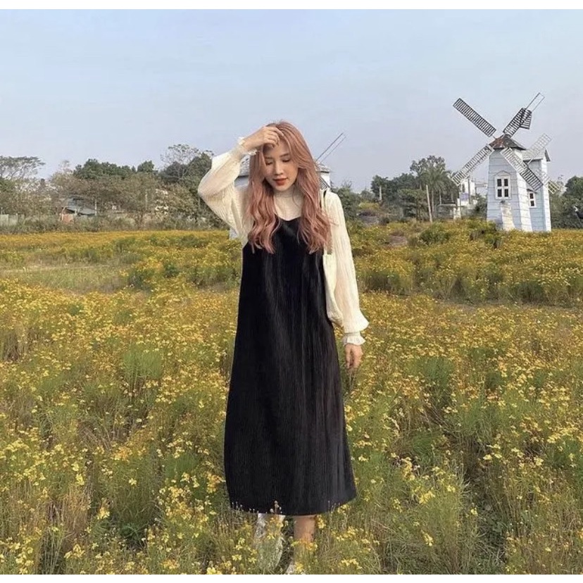 Set yếm 2 dây chất nhung mịn kèm áo sơ mi bo cổ dài tay nhún