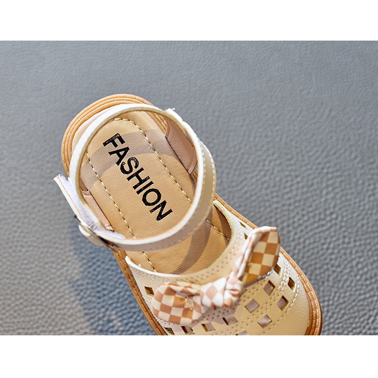 Sandal Búp Bê Cho Bé Gái 2-7 Tuổi Cao Su Quai Dán Hoạ Tiết Nơ Caro Nhỏ Xinh Xắn