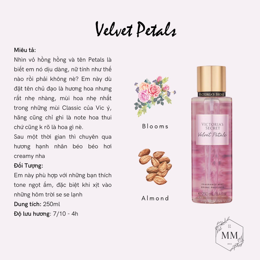 [Moomoocos] - Bộ sản phẩm Xịt Thơm Toàn Thân Victoria’s Secret Body Mist Dưỡng Thể Lotion mùi Velvet Petals 250ml