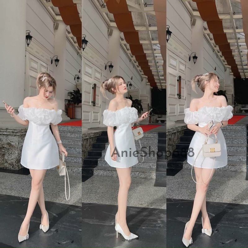 Đầm Nữ dự tiệc trễ vai sang trọng quý phái chất liêu vải umi phối voan ,Đầm ôm body tay bồng bèo ngực ,ANIESHOP688