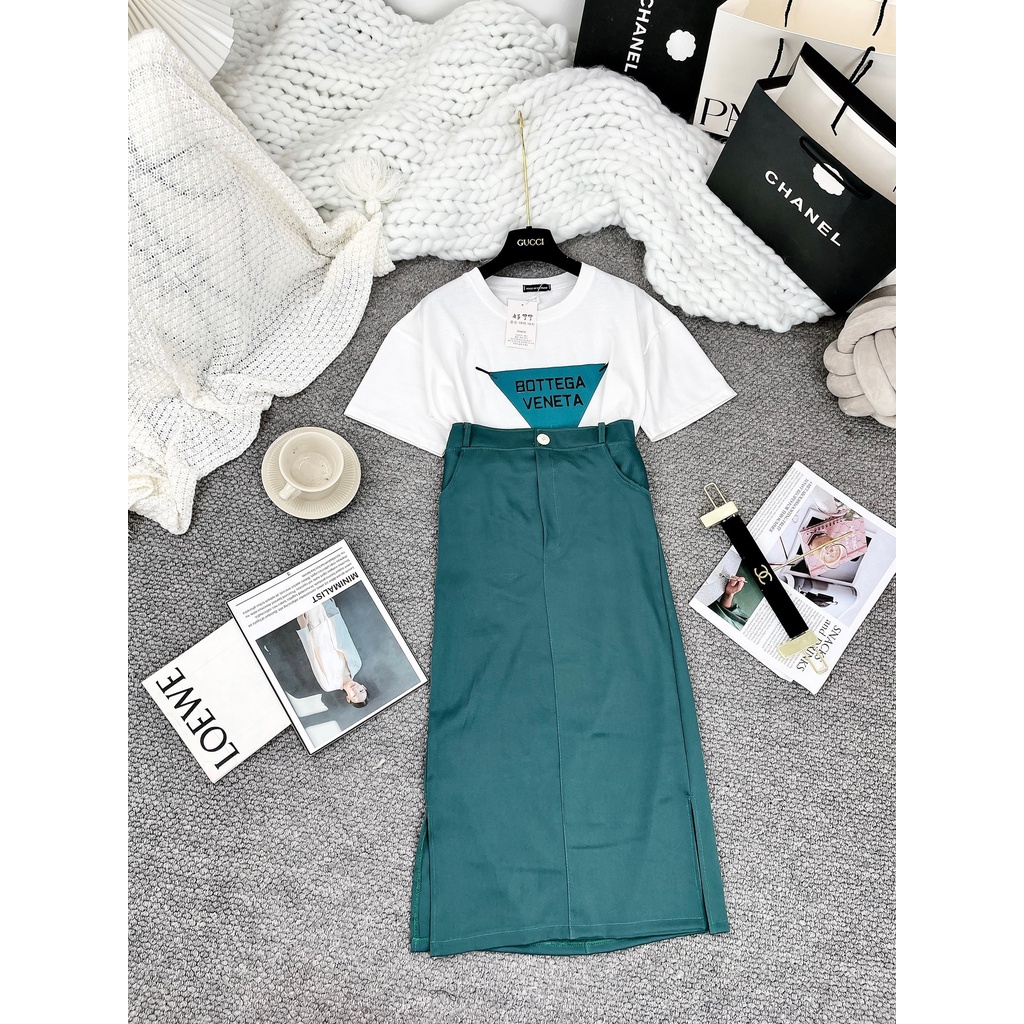Set áo phông PRa M-Chou mix chân váy xanh ngọc