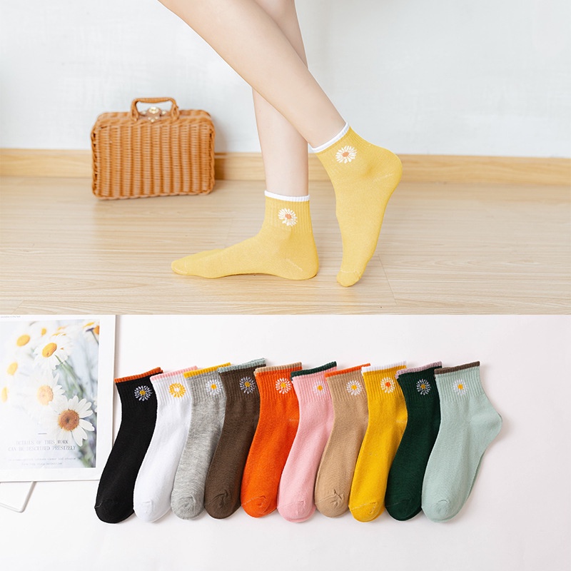 Tất Nữ cổ trung họa tiết hoa cúc màu trơn đen trắng xám vàng hồng Vớ Nữ cổ vừa cute đẹp thời trang Mr.Cotton CT-NU005