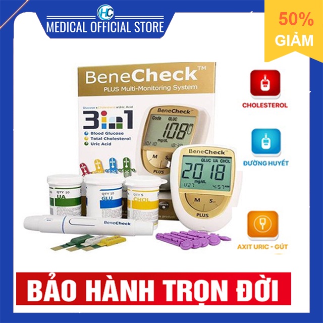 Máy Đo Đường Huyết 3 Trong 1 Benecheck Plus - Máy Đo Đường Huyết, Mỡ Máu, Axit Uric Trong Máu