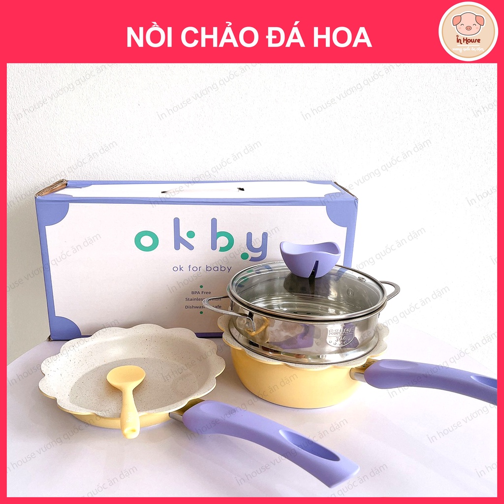 Bộ nồi chảo men đá chống dính, kèm hấp hình bông hoa nấu đồ ăn dặm cho bé dùng được bếp từ-Ỉn House