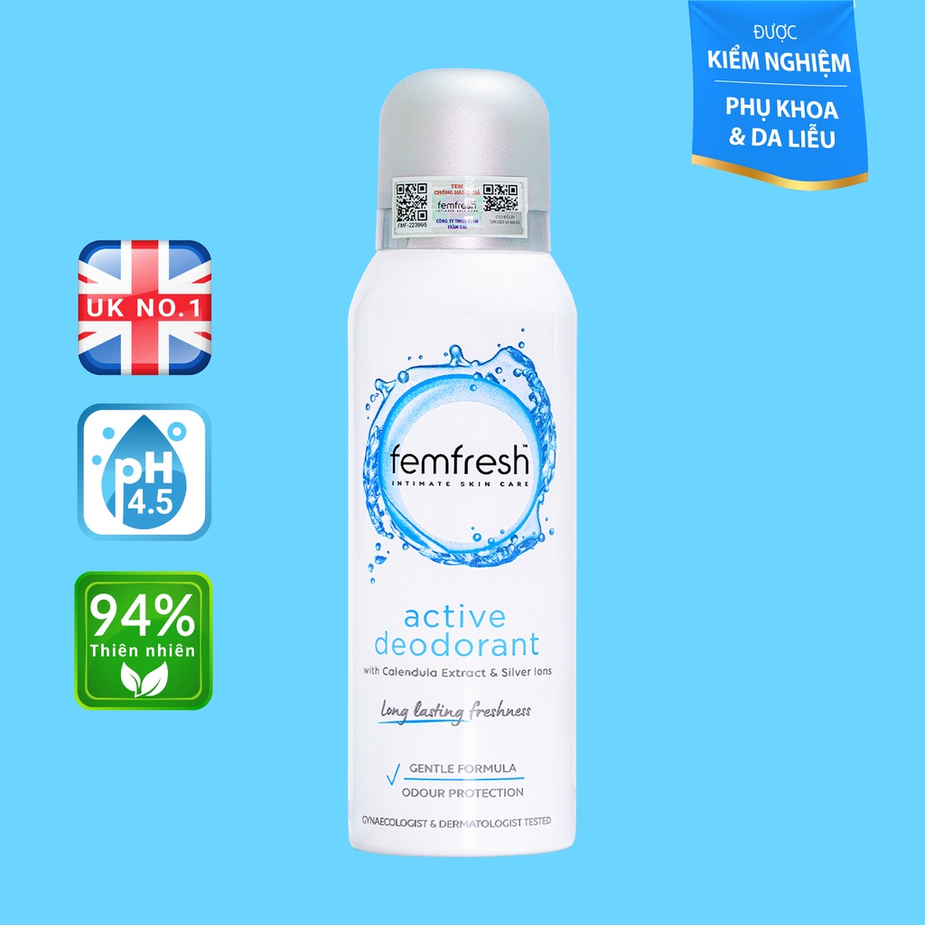 Xịt Thơm Mát, Khử Mùi Vùng Kín Chưa Ion Bạc Lưu Hương Suốt 12h Femfresh Deodorant Spray 125ML