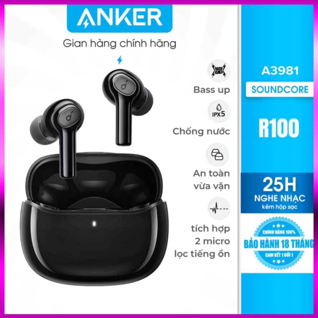 Tai nghe bluetooth SOUNDCORE (by ANKER) R100 True Wireless, 25 giờ nghe nhạc, chống nước IPX5, tích hợp 2 mic - A3981 -
