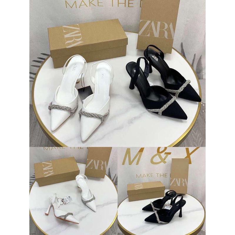 Slingback Zara cao gót bít mũi quai hậu rải đá trang trí 9p