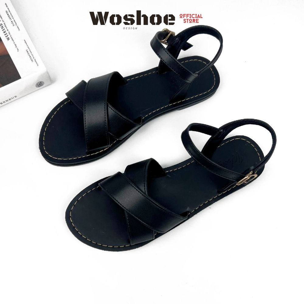 Giày sandal nữ quai chéo đế bệt WOSHOE đi học, đi làm full đen bigsize 34-42 W14