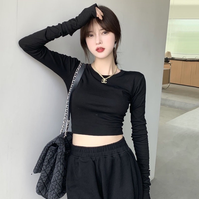 Áo thun croptop dài tay cổ tròn ôm body, 4 màu basic < 55kg (kèm video)