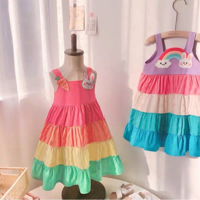 Váy xòe cầu vồng, chất thô mềm cho bé