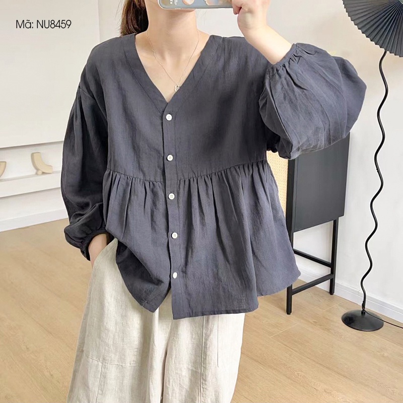 Áo sơ mi KAMAKA linen dài tay cổ V kiểu bo tay - NU8458
