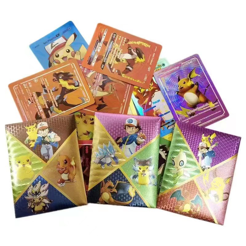 ✅[Gói 10 Thẻ] Thẻ Bài - Quân Bài - Bộ Bài Pokemon Kim Loại Mạ Vàng, Bạc, Đen, 7 Màu. Quà Tặng Khen Thưởng Cho Bé Trai