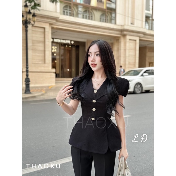 Set áo pelum cúc đá hoa + quần suông