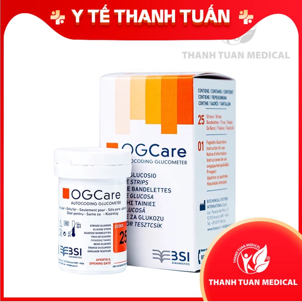 Hộp 25/50 Que thử đường huyết, Test thử tiểu đường OG Care Italia + Tặng 50 kim chích lấy máu