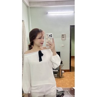 Áo trễ vai Dottie trắng buộc nơ