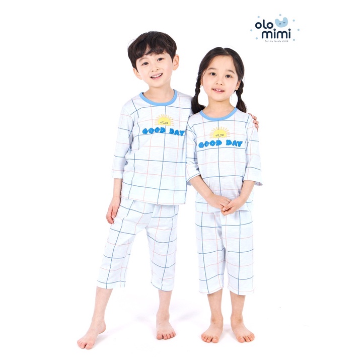 Bộ pijama lửng 100% cotton cho bé trai/bé gái Good day Check Blue - Olomimi Hàn Quốc